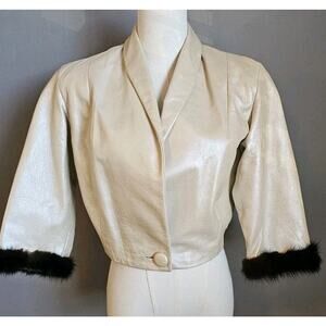 Vintage d’Vara Los Angeles Cropped Cream Leather Jacket Mink Fur Trim 1950s–60s